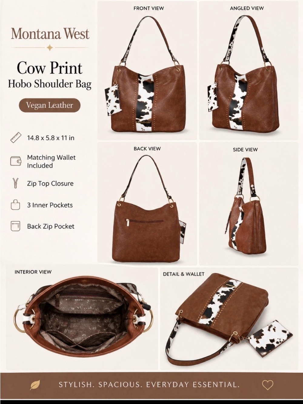 NWT Montana West Brown Vegan Leather Hobo with Black & White Cow Print Accent